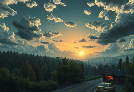 A landscape of a post-apocalyptic city. A dense forest grows near the city. Clouds float across the sky. The setting sun shines. In the middle, between the city and the forest, there is a surviving roadside cafe with lights in the windows.