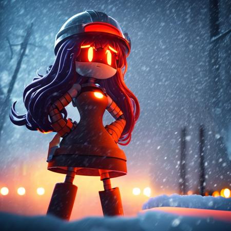 best quality, glitchproductions, robot, workerdrone, looking at viewer, wavy mouth, orange eyes, purple hair, solo, 1girl, snowing, outdoors, facing viewer, long hair, bangs, hardhat, arms crossed, dress  <lora:Murderdronev2.1:1>