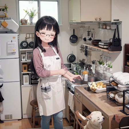 best quality, ultra-detailed, illustration,
JPkitchen, scenery, table, chair, sink, kitchen, plant, indoors, window, refrigerator, frying pan, bottle, shelf, spatula, door, basket, plate, cup, stool, wooden floor, curtains,
1girl, glasses, black hair, long hair, white sweater, denim, jeans, apron,  happy, smile, closed eyes, looking at viewer, 
 <lora:JAPAN_kitchen_SD15_V1:1>