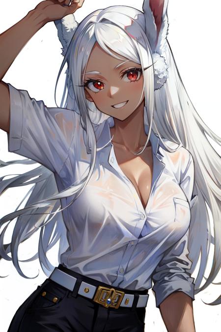 mirko mha, 1girl,solo,dark-skinned female, dark skin, large breasts, white shirt, belt , collarbone, collared shirt, formal, shirt tucked in, black pant,looking at viewer, white background, rabbit ears, rabbit girl, white hair, long hair, muscular female, red eyes, smile, happy<lora:mirko:1>