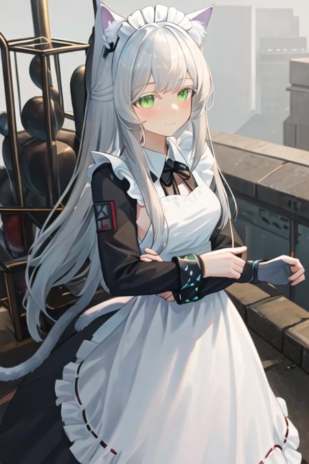 best quality, masterpiece, highres, solo, {maid:1.40}, {long maid dress:1.15}, {rosmontis_arknights:1.15}, animal_ears, cat_ears, long_hair, bangs, green_eyes, animal_ear_fluff, cat_girl, grey_hair, white_hair, closed_mouth, blush, upper_body