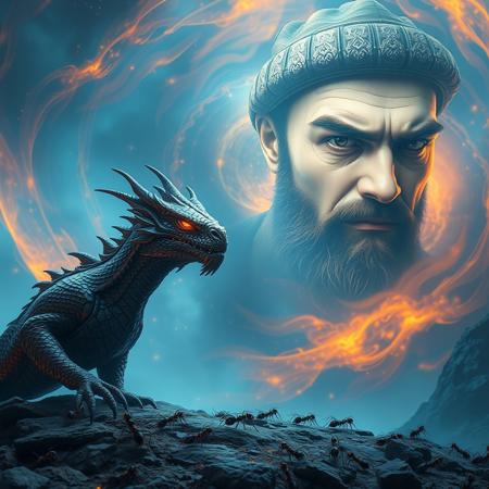 Image is a digital fantasy artwork featuring a detailed dragon watching an ants nest and a mystical human face. The dragon, positioned in the foreground, has intricate scales with a metallic sheen, sharp horns, and glowing orange eyes. The ground beneath is rocky, with a crowded ants nest. In the background, a large, transparent, ethereal face of a bearded man with a stern expression emerges from a swirling nebula of blue and orange hues. The man's skin is pale, and he wears a textured cap. The overall colour palette is dominated by cool blues and fiery oranges, creating a dramatic and otherworldly atmosphere