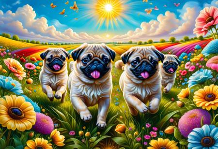 Masterpiece, highres. Highly detailed. Close-up photo of pug puppies running through field of colorful flowers, fluffy fur, huge flowers, big eyes. cute, happy, joy. The sun is shining. Blue sky with fluffy clouds.