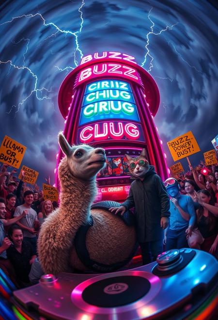 Captured with a cinema-grade 12mm fisheye lens, the surreal scene unfolds around the towering “BUZZ MONOLITH”, curving into the clouds. Its neon buttons—“SIP,” “CHUG,” and “OVERLOAD”—bulge outward, glowing intensely as crackling lightning arcs illuminate the moody dusk sky. The lens’s distortion emphasizes the machine’s absurd, larger-than-life scale.
At its base, a llama with sweat-matted fur struggles to push a tractor-tire-sized coin toward the oversized slot. Its determined expression, bulging eyes, and trembling legs are captured in vivid detail. Around it, a chaotic crowd of humans and anthropomorphic animals cheer wildly, their signs—“LLAMA POWER!” and “BUZZ OR BUST!”—warping with the lens’s curvature. Nearby, a penguin DJ spins on a metallic turntable, neon lights reflecting off its glossy surface.
Above, a sly tabby cat in a cyberpunk trench coat and glowing VR goggles scales the monolith, a grappling hook in tow. Its neon-lit goggles glow sharply as it approaches the flickering sign “FEED ME YOUR BUZZ,” warped into an ominous curve by the lens.
The fisheye’s distortion adds drama, exaggerating the scale of the machine and the chaos of the crowd. From the rain-slicked ground to the vibrant neon reflections, every detail pops in this cinematic snapshot of determination and mischief.