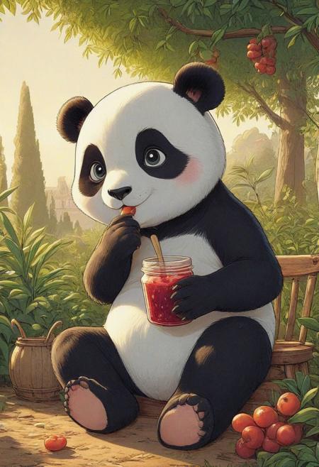 cartoon of cute chubby baby panda, sitting down eating jam with its whole paw, playful, quirky, 1940's cartoon, vintage cartoon, beautiful, detailed, garden background