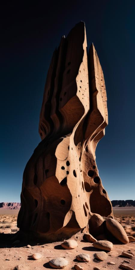 Surrealistic professionnal photography of a alien rocky landscape, gigantic black brutalist monolith, crevices, fissures, spikes, black sky, eerie, masterpiece, rough edges, extra detailed, film grain, award winning art, excellent quality <lora:xl_more_art-full_v1:0.4>