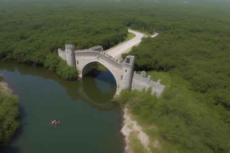 A realistic swamp with old Castle walls in the water. There is an old stone bridge were a kid is walking alone. There is a buda face statue in the water. Next to the bridge there is a gigantic snake swimming under the water. Make the image seen from the top view.
