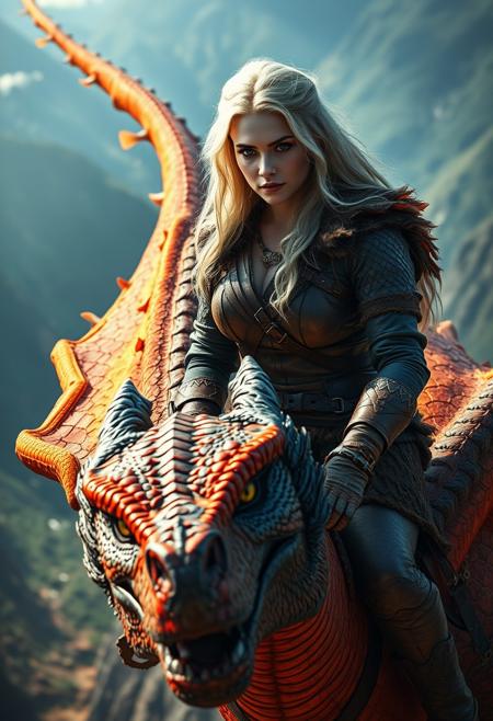 portrait of a stunning barbarian platinum blonde female dragonrider wearing leather armor, fur and lace clothing, riding on the back of a majestic fire dragon, the dragon looking at viewer, flying over a steep valley, leaning forward over its neck. High Detail, detailed face, face on sharp focus, Perfect Composition, realistic photographic image, sharp focus, complex lighting
