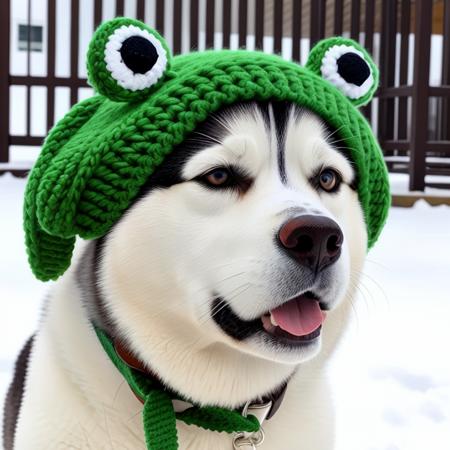 <lora:green_ois_hat:1.0>A husky dog wearing an orange BREAK ois green  hat with frog eyes BREAK , frolicking in the snow, in a hyper-realistic style.