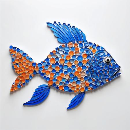 top-down photograph of a fish silhouette made from blue and orange bottle caps, against a pure white background
