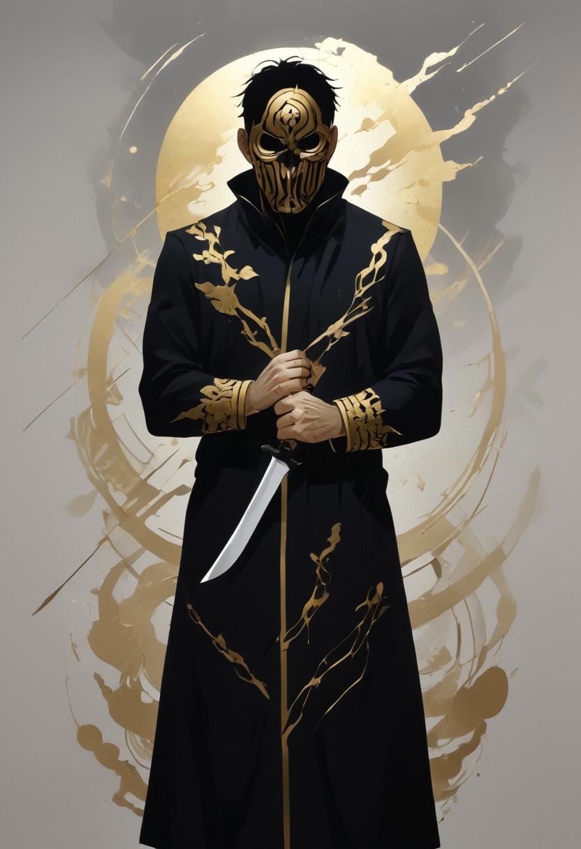 A Graphic illustration, A handsome 30-year-old man, pure black clothes, Wearing a black monster mask covering the lower half of the face, holding a delicate, short knife, Dive, battle stance, epic ink bending shot, style of Qi baishi and kazuki oekaki, Simple and clear lines, rich detail, flat illustration, vector art, plain white background, high quality, ral-chrosc-clr, silhouette_with_gold_foil, easynegative, bad_pictures