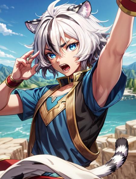 best quality, masterpiece, highres, detailed, digital illustration, <lora:Detail - add_detail:0.2>, FohlFayon, tiger boy, tiger tail, two-toned hair, white hair, black hair, tiger ears, jojo pose, <lora:Character - FohlFayon:0.8>, short hair, blue eyes, upper body, shouting, canyon,