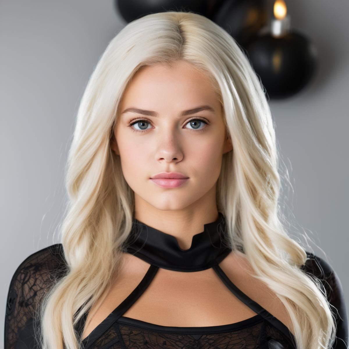 Blonde Woman with Blue Eyes Wearing Black Shirt and Lace Dress.