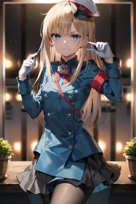 1girl, solo, masterpiece, best quality, <lora:reines_alter:0.7>, reines\(alter\), pantyhose, smile, gloves, hat, looking at viewer, long sleeves, white gloves, peaked cap, jacket, black pantyhose, closed mouth, blue jacket, blurry, flower, holding, blurry background, skirt, buttons, brown pantyhose, armband, breasts, v-shaped eyebrows, black skirt, small breasts, double-breasted, >:), <lora:vividImpactfulStyle_v10:0.5>, hand up,