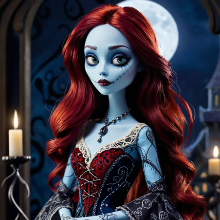 A stunning reimagining of Sally from The Nightmare Before Christmas, designed as a beautiful and stylish figure while maintaining her iconic stitched-together appearance. She has soft, pale blue skin with intricately detailed stitches running across her body, stitched mouth, now resembling elegant embroidery. Her long, flowing red hair cascades like silk, catching subtle glints of moonlight. She wears a modern, high-fashion gown inspired by her patchwork dress, redesigned with a sleek silhouette and bold, contrasting textures, blending delicate lace, velvet, and satin in deep, moody hues like midnight blue, crimson, and black. The background is a softly lit, ethereal scene with a full moon glowing behind her, surrounded by whimsical swirls and patterns reminiscent of Tim Burton’s aesthetic. Her eyes are large and expressive, framed with delicate eyeliner and a subtle shimmer, conveying both mystery and charm. Dramatic lighting enhances her features and highlights the textures of her ensemble, creating a dreamlike and gothic-chic ambiance.