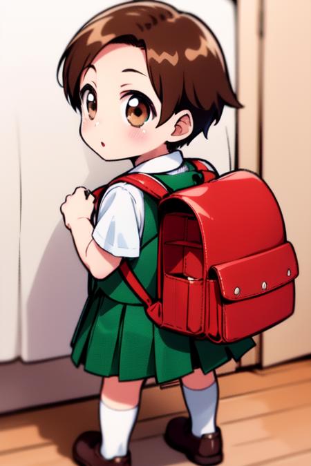 <lora:rokujoumugi:0.8>rokujoumugi, 1girl, solo, backpack, brown hair, bag, brown eyes, short hair, chibi, school uniform, skirt, randoseru, blush, looking back, from behind, full body, room,
masterpiece, high quality, very_high_resolution, large_filesize, full color,