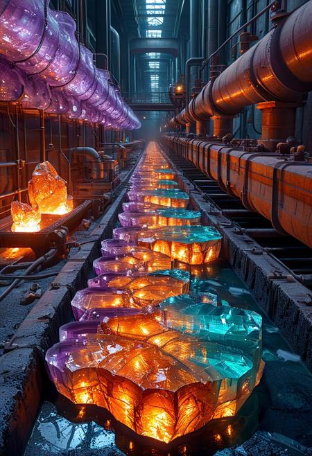 fluorite geode slice floating above an active smelting operation, streams of liquid metal, industrial steam rising, bioluminescent mineral glow, cyberpunk color scheme, orange and teal contrast, dark industrial environment, ray traced lighting, atmospheric perspective, centered composition, hyper-detailed textures, metallic reflections, octane render
fluorite mineral, flu0rite, iridiscent,