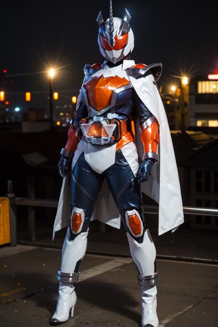 majade, solo, 1girl, mature female, perfect female body,large  breasts, narrow waist,wide hip,gloves, female focus,skin tight bodysuit, helmet, orange eyes,boots, cape,tokusatsu, kamen rider,rider belt,horns, armor, unicorn,(pelvic curtain),full body shot,cape,standing,legs together,dynamic pose, on rooftop,city background, hdr,bokeh,depth of field,night,    <lora:majade:0.7>