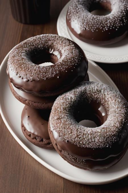 Photo of delicious looking chocolate donuts on table, photorealistic, hyper quality, intricate detail, masterpiece, 8k,