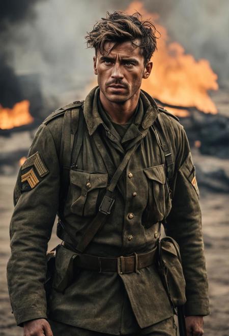 ultra realistic portrait of a soldier in world war, messy hair, (full body shoot:1.3), wearing a formal and torn military uniform, (he is scarred and dirty:1.7), (a battlefield background in flames), (facial expression of mixed fear and courage:1.4), Movie Still, Film Still, Cinematic, Cinematic Shot, Cinematic Lighting, Perfect Hands