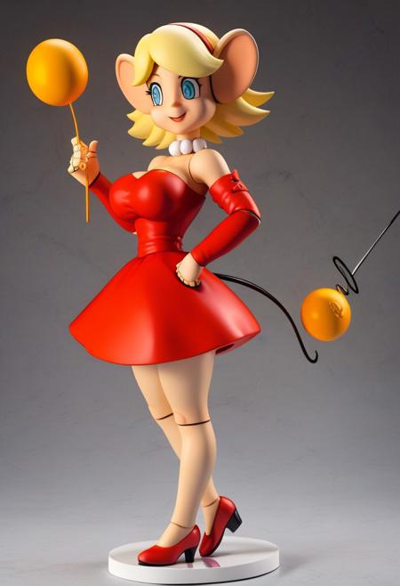 masterpiece, large breasts, best quality, amazing quality, very aesthetic, high resolution, very awa, robot joints, Springtrap_tj, robot joints, blonde hair, short hair, score_9, score_8_up, score_7_up, mikus-concept, red dress, red shoes, tail, yellow plactic ball on end mouse tail, detached sleeves, bare shoulders, outdoor, sky, figure