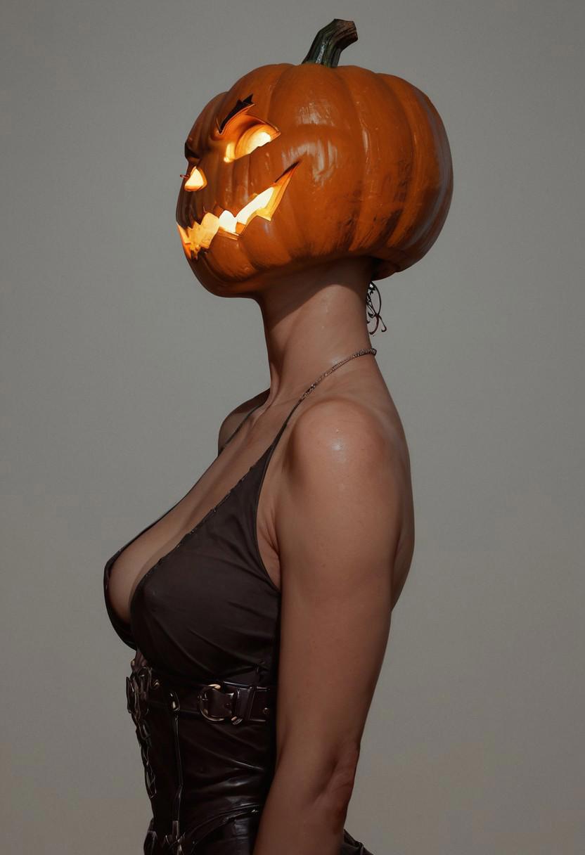 score_9, score_8_up, score_8_up, 1 girl, night, dark fantasy, standing, dark clothes, No head, 1 pumpkin head, Without a head,sexy girl.Dullahan,1 pumpkin head instead of a head, no human,portrait, dark background, fear