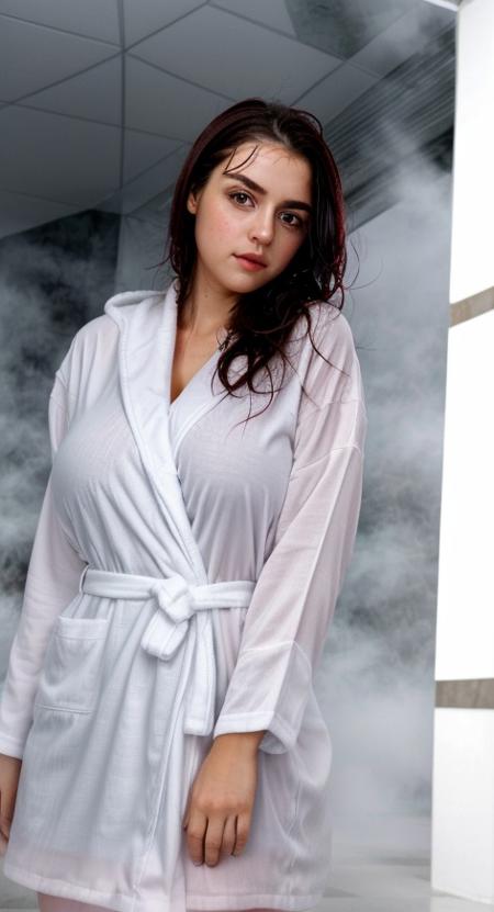 (extremely photogenic cute girl:1.1), (detailed eyes:0.9), (detailed lips:0.9), (blush:1.2), textured skin, hourglass figure, (8k, high quality, shot on Fujifilm X-T4, 1/200, f16, ISO 1250), (haze, fog, mist, rim lighting:1.4), <lora:epiCRealismHelper:0.99>, <lora:add_detail:0.8>, <lora:breastsizeslideroffset:0.7>, <lora:Sagging Breasts v1:1.5>, large breasts, sagging breasts, cleavage, <lora:shortbath:0.4> red short bathrobe, hair over shoulder, (wet hair:1.3), stepping out of the shower, <lora:CuteFace:1.3>, (viewed from front:1.5)