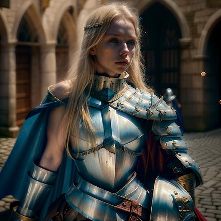 guard:1.3, <lora:RPGGuard:0.8>  1girl, solo, long hair, blue eyes, blonde hair, (bare shoulders:1.18),(breastplate:1.2), upper body, parted lips, armor, blurry , lips, blood, ((cape)), lips, (realistic:1.3), (medieval city street:1.1), (professional lighting:1.2)