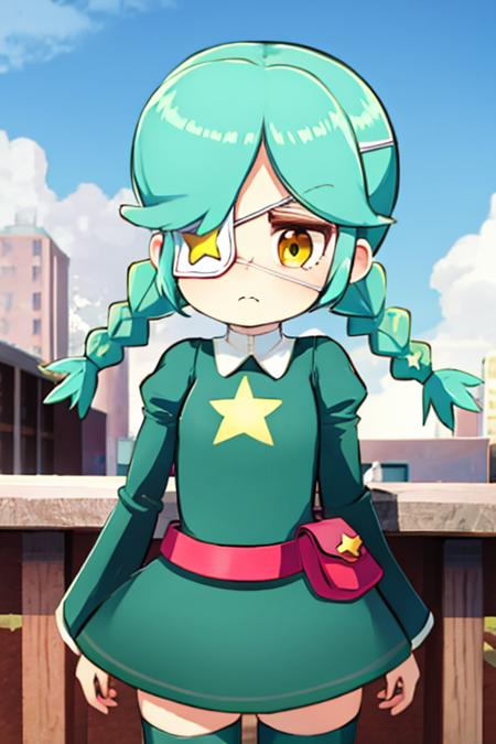 sgannie, yellow eyes, green hair, short hair, parted bangs, twin braids, eyepatch, green dress, star \(symbol\), belt pouch, green thighhighs, zettai ryouiki, frown, standing, city , day  <lora:annie-skullgirls-v2:1>