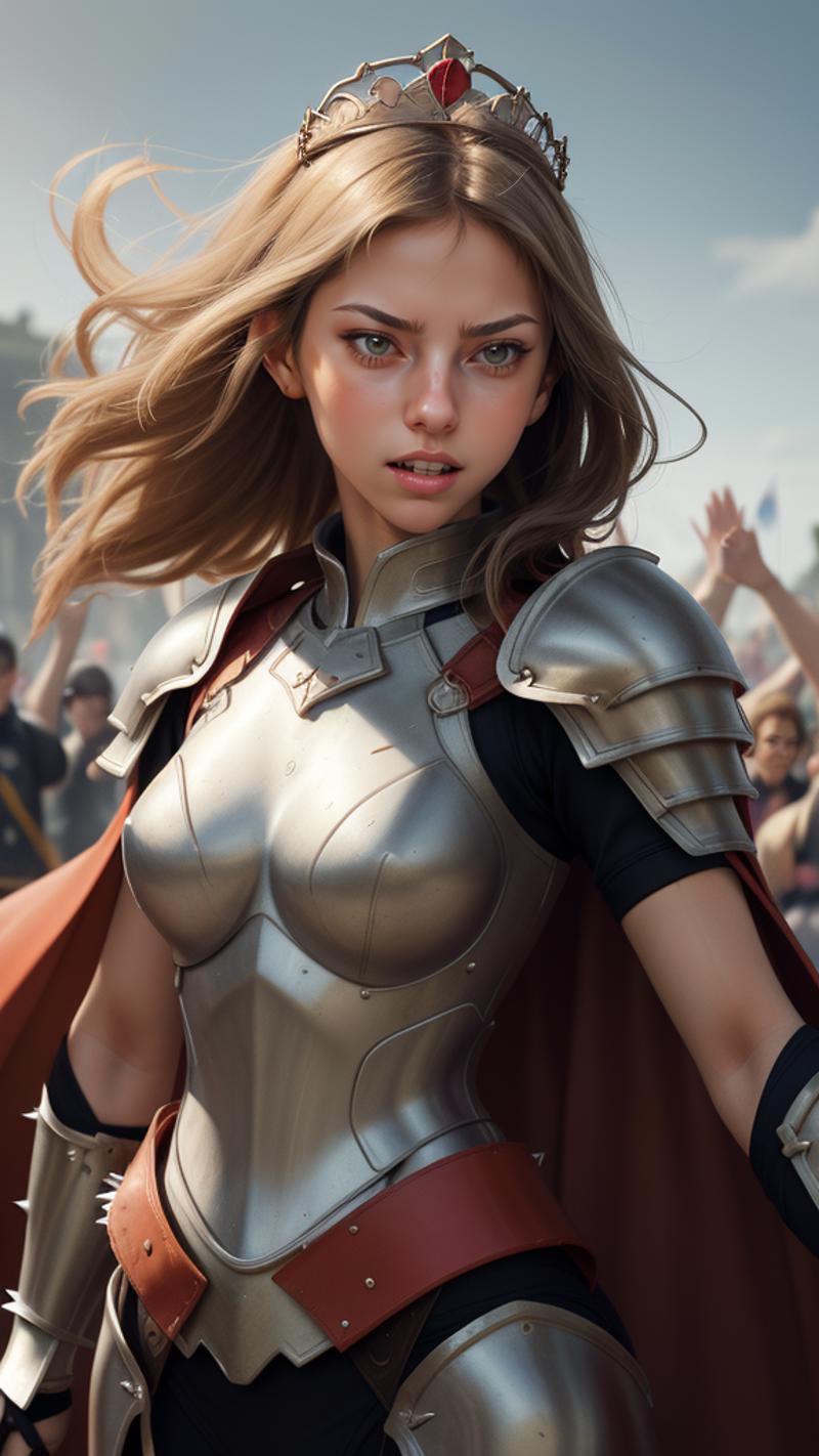 A digital painting of a woman wearing a chainmail armor with a red cape and yellow gloves, looking fierce.
