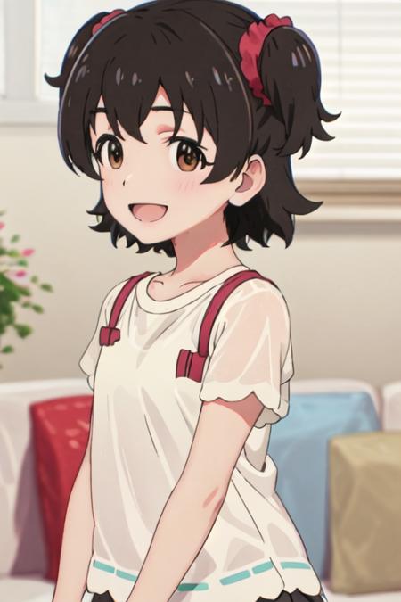 best quality, masterpiece, highres, solo, {akagi_miria_theidolmastercinderellagirlsu149:1.15}, short_hair, black_hair, brown_eyes, brown_hair, two_side_up, smile, open_mouth, upper_body, hair_ornament, 1girl, bangs, blush, bow, closed_mouth, curtains, dress, female_child, indoors, shirt, white_shirt, couch, short_sleeves, looking_to_the_side