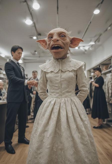 Perfect candid photograph of a goblin being fitted for the most elegant and expensive dresses at "Bergdorf Goodman", 
<<BREAK>> ,
((very strong fisheye-lens photograph (very intense fisheye-view photograph), (very low upward looking angle), intricately detailed, very detailed background, (contrats in lifestyle photograph), creepy lighting, creepy cinematic photo), realisticvision-negative-embedding,  epiCRealism ))