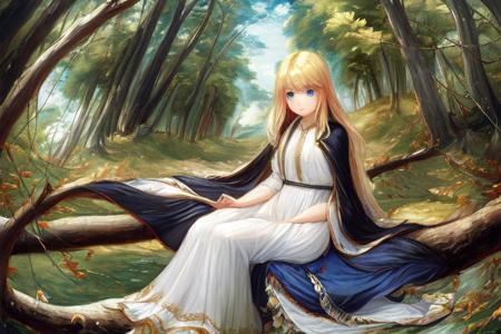 in forest; solo, waifu with blonde hair, blue eyes, white dress and black cape, sitting on tree branch; (exceptional, best aesthetic, new, newest, anime, masterpiece, best quality, ultra detailed:1.2); correct anatomy, golden ratio, perspective; painting by John William Waterhouse