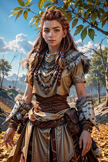 (masterpiece, best quality)
1girl, AloyHorizon, solo, long hair, brown hair, brown eyes, jewelry, closed mouth, standing, upper body, weapon, braid, cowboy shot, outdoors, sky, red hair, day, necklace, tree, blue sky, lips, looking to the side, fur trim, leaf, feathers, realistic, nose, branch, autumn leaves, tribal, multiple braids
<lora:epi_noiseoffset2:1>  <lora:add_detail:0.7>  <lora:AloyHorizon:0.8>