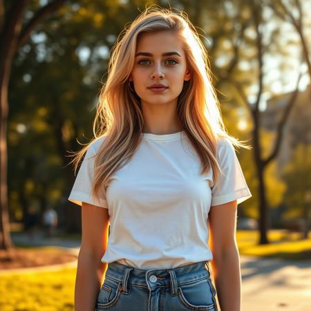 A 20-year-old blonde girl, wearing a t-shirt and high-waisted jeans, standing in a sunlit urban park at golden hour, realistic skin texture, soft natural lighting, detailed background with trees and a clear blue sky, ultra-realistic, 8k resolution, black hair, close view, taken by Canon R5, 85mm lens, best quality, ultra detailed, intricate, professional photography, HDR, High Dynamic Range, (8k UHD), RAW photo <lora:Muatori:1>