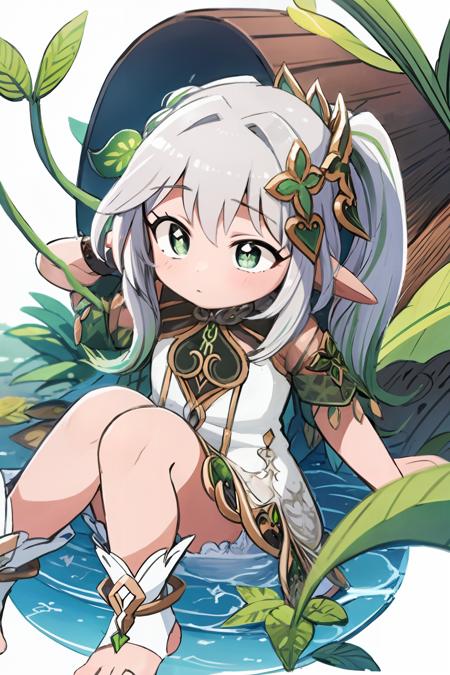 nahida \(genshin impact\) swing,sitting,full body,  1girl,white hair,multicolored hair, side ponytail,hair ornament,green eyes,symbol-shaped pupils,pointy ears, jewelry, detached sleeves,bracelet, ,white dress,toeless legwear