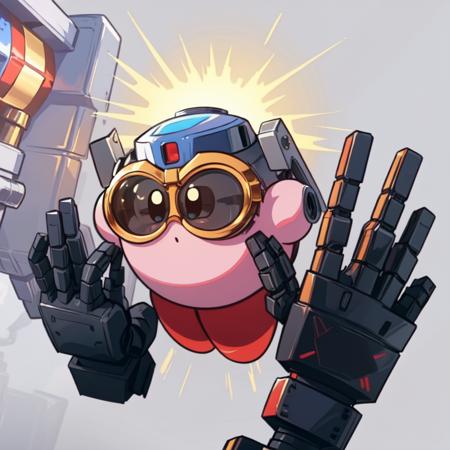 (masterpiece, best quality:1.2)  <lora:KirbyV2:1> kirbycopy,  (solo focus:1.2), (no humans:1.4), cyber kirby,  robot glasses, fusion, cosplay, simple background ,serious face, :O