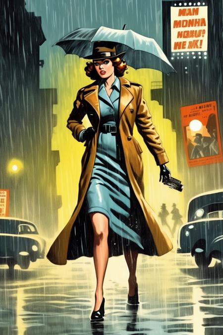 <lora:Will Eisner Style:1>Will Eisner Style - hard boiled detective lady in pulp cover illustration style walking past a giant billboard in rain, she is holding a glowing mobile phone