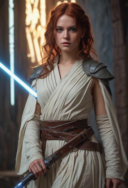 High resolution ultra-realistic of Beautiful Jedi Knightess, 8k, capturing the intensity of the moment, cinematic lighting, standing on a bloody and turbulent battlefield in a bloody battle, wavy red hair, realistic dirty pale face, realistic blue eyes, beautiful hourglass figure, burning in a Star Wars Town, intricately designed Star Wars style clothes dirty white-brown robes, Star Wars Aesthetic, perfect athletic figure, beautiful Jedi Knightess, ultra realistic, cinematic style, vigorous and seductive, athletic figure, Star Wars style, dramatic lighting, wet and sweaty skin, dirty pale skin, athletic figure, dark fantasy, dramatic lighting, Greg Rutkowski style, Jedi Knightess on in Jedi dress, hyper-detailed, hyper-realistic, natural light, extremely intricate details, masterpiece, epic, bright colours, Attractive 21 old years girl, beautiful firm Breasts, sharp focus, digital painting, Photograph Taken on Nikon D750, Alphonse Mucha, 8K, athletic figure, Hyperdetailed, hyperrealism, Attractive, Attractive bust girl, asymmetric balance