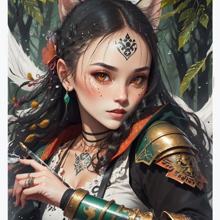 <lora:hlkuangkuang:1>,((masterpiece)), (realistic), (3d face), illustrations, (solo:1.2), (original), (very detailed wallpaper), photographic reality, very detailed illustrations, (super-complex detail), (delicate face), perfect detail features, perfect detail, (super complex details), (best lighting), 1girl, (mid shot:1.3), (mystical:1.1), (powerful stance:1.3), (Eastern:1.2), (intense gaze:1.1), (confident expression), (warrior's spirit), (dual-wielding swords), (form-fitting armor:1.2), (jeweled accents), (enchanted weapons), (glowing tattoos:1.1), (ethereal lighting:1.2), (dreamlike atmosphere), (photorealistic:1.1), (HD rendering), (detailed textures), (fine brush strokes),((lush forest background:1.3)), (massive trees), (tangled vines), (moonlit night:1.1), (glistening dewdrops:1.3), (ancient ruins:1.2),