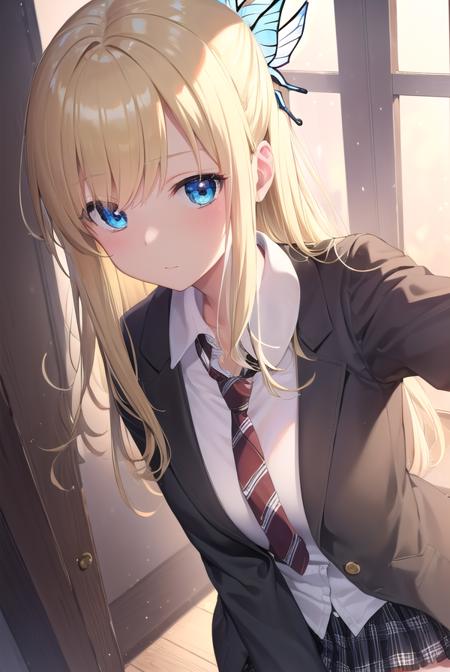 senakashiwazaki, <lora:sena kashiwazaki-lora-nochekaiser:1>,
sena kashiwazaki, blonde hair, butterfly hair ornament, hair ornament, long hair,
BREAK cardigan, checkered clothes, checkered skirt, jacket, long sleeves, necktie, school uniform, shirt, skirt, st. chronica academy school uniform
BREAK indoors, classroom,
BREAK looking at viewer, (cowboy shot:1.5),
BREAK <lyco:GoodHands-beta2:1>, (masterpiece:1.2), best quality, high resolution, unity 8k wallpaper, (illustration:0.8), (beautiful detailed eyes:1.6), extremely detailed face, perfect lighting, extremely detailed CG, (perfect hands, perfect anatomy),