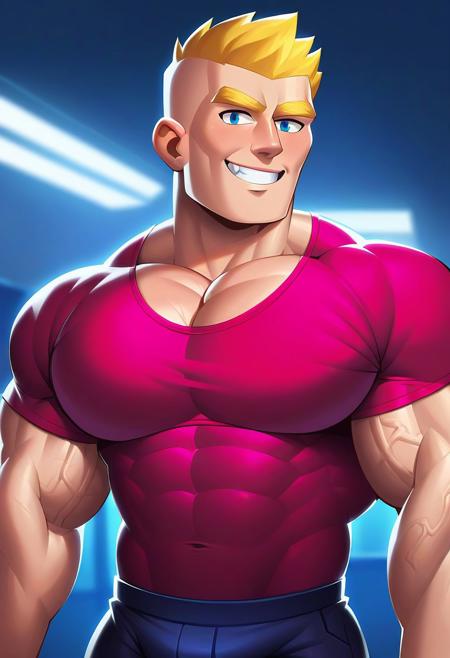 source_cartoon, score_9, score_8_up, score_7_up, score_6_up, score_5_up, score_4_up, rating_questionable <lora:brawl_style_1_2_resized:0.75>, <lora:add-detail-xl:1.5>, Detailed, High Definition, Half Body, Closeup, Cowboy Shot, In The School/School Background, School Gym, School Scenery, 1boy, DILF, (Strong Triangular Jawline), bodybuilding, tall, hypermuscle, hypermasculine, muscular, massive pectoral, beefy muscle, Rugged Features, Mature Male, 40-Year Old, (Bald), (completely bald), Masterpiece, Blonde eyebrows, PE Teacher Shirt Outfit, {((Blonde Sideburns))}, {{Bald Scalp}}, {{(Blonde Mutton Chops)}}, Looking At Viewer, Blue Eyes, Brawl Stars Style, Saying Hi, Smile, Highlights, {No Mustache}, Source_Cartoon, Cartoon, Art, Front View