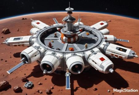 A LEGO space station, bulky design, massive,  docking bays open , floating  near a dark Red planet