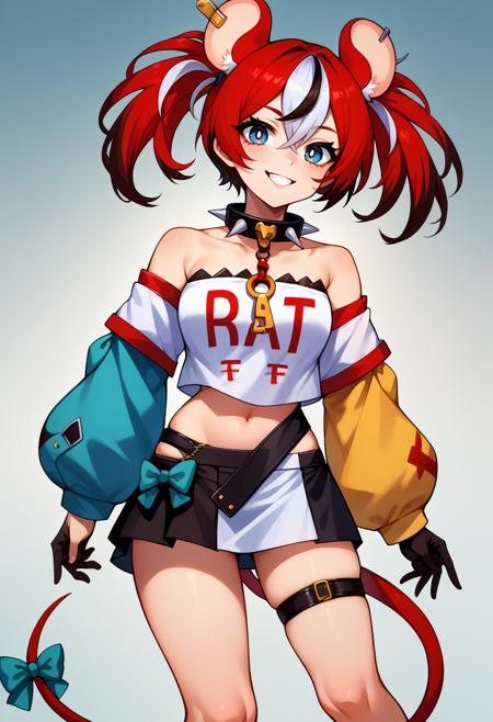 HakosBaelz, twintails, mouse tail, tail bow BaelzBase, twintails, spiked collar, key necklace, bare shoulders, white shirt, clothes writing, asymmetrical sleeves, red and blue sleeve, yellow sleeve, black gloves, midriff, multicolored skirt, thigh strap, mouse tail, tail bow BaelzCasual, long hair, hairclip, crop top, fishnets, gloves, white cropped jacket, black shorts, belt, thighhighs, knee pads BaelzNewYears, long hair, hair bun, hair flower, kimono, obi, mask on head, thighhighs BaelzIdol, twintails, mini hat, hololive idol uniform, bow, layered skirt, single sleeve, wrist cuffs, single thighhigh BaelzBlackberry, mouse ears, long hair, high ponytail, black shrug_\(clothing\), (bodystocking), short shorts, black shorts, thigh boots