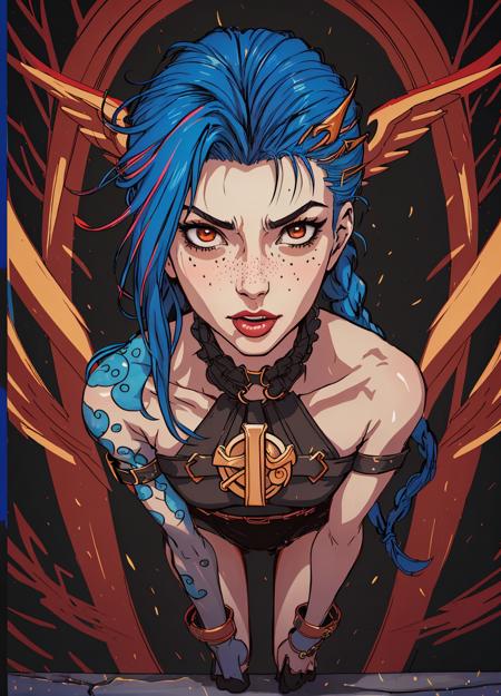 (best quality, masterpiece, highest detailed)(Jinx, Legue of Legends, Arcane)  professional photo, submissive pose, kinky aesthetic, award winning fashion photography of sexy, cloud tattoo,intense blue long hair, striped thighhighs,  Jinx, Legue of Legends, Arcane, flirting, freckles,  (intricate details, hyperdetailed:1.15), detailed,(official art, colorful art background, extreme detailed, highest detailed, natural skin texture, hyperrealism, soft light, sharp, perfect face, full body:1.9, tongue), HDR+  <lora:JinxLol:1>, flat chest:2, <lora:Ink_poster-000004:.6>,