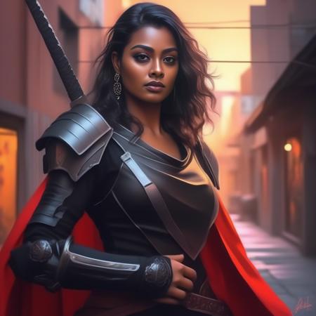 GayathrieShankar,<lora:GayathrieShankarSDXL:1>,portrait,female, beautiful body shapely face wearing full black armour and a red cloak holding her sword up to the camera in an alleyway during sunset at night with neon light from above by Greg Rutkowski.Fantasy art of A professional character concept design on ArtStation;8K The most-detailed oil painting ever painted bust made!!"by Ross Tran!!!!!art!!!highly realistic! Starry GTA style shading..digital matte background no blur!!!! very detailed 8k resolution hd quality super wide shot line work fine portrait artistically designed dramatic cinematic lighting delicate details intricate ultra realism masterpiece image chromatic aber