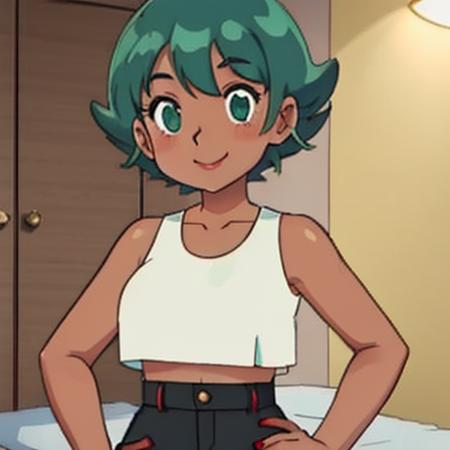 casswiz, green hair, tan skin, white crop top, short hair, bedroom background, medium breast, smile, sexy