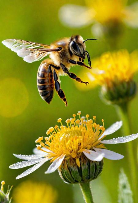 Craft an exquisite masterpiece that captures the stunning detail and vibrant life of a honey bee.The scene is set in an ultra-high-definition, sunlit meadow, brimming with colorful wildflowers. The honey bee, in hyper-realistic detail, is hovering near a bright yellow blossom. Its wings should be translucent and iridescent, catching the sunlight in a dazzling display. The bee's furry body is finely detailed, with each hair visible, glistening with tiny droplets of morning dew.The background is a blur of greenery and flowers, creating a depth of field that brings the bee sharply into focus. Surrounding the bee are soft, golden rays of sunlight filtering through the petals, creating a warm, inviting atmosphere. The entire scene is alive with the gentle buzz of the meadow and the delicate rustling of leaves in the breeze. This image should not only showcase the intricate beauty of the honey bee but also the vibrant ecosystem it thrives in, combining realism with a touch of whimsy.