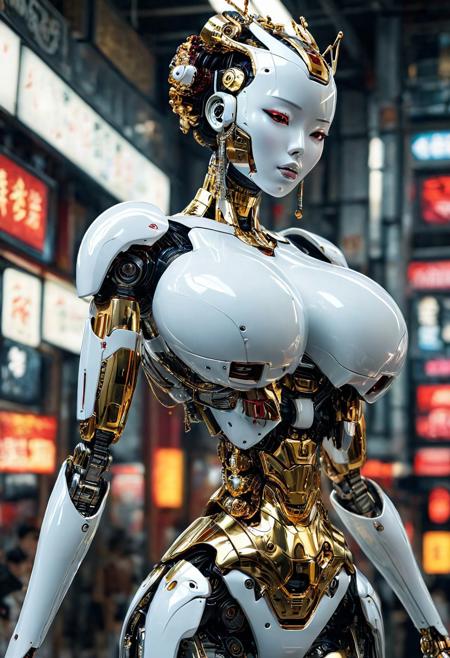 cinematic film still, ((professional photography)), ((masterpiece)), (((photorealism))), perfect focus, full body shot of beautiful,
Cyberpunk humanoid android robot geisha, 
smooth featureless face, robot joints, body made of metals, body panelling)), ((body made of shiny white metal)), white metal skin, (entirely white skin), very feminine in shape.
 highly colorful, with graceful movements. The style is hyper-luxurious, elegant, (huge breasts:1.9), perfect. super detailed in design. Rendered in 32k resolution with extremely intricate and refined design!
detailed character expressions, light amber and red, amazing quality, Nikon 35mm lens, bokeh, photoreal, wallpaper, analog film grain, 
Additional Details