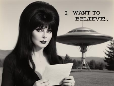 (elvira:1.5) is standing in front of a realistic ufo sighting, old photo, 1940s, film grain, bad quality, poor photo quality, village, polaroid, vintage, monochrome, (handwritten text on photo: "I WANT TO BELIEVE":1.6)